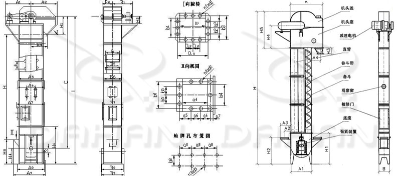 TD/D型斗式提升機(jī)基本結(jié)構(gòu):機(jī)頭蓋，機(jī)頭座，減速電機(jī)，直管，底座，緊張裝置等。