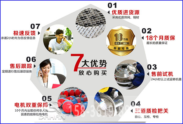 大漢食品振動(dòng)篩的7大優(yōu)勢(shì)：優(yōu)質(zhì)進(jìn)貨源，售后跟蹤，售前試機(jī)等。
