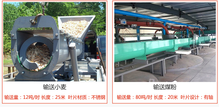 絞龍螺旋輸送機輸送小麥輸送量在12噸/時，長度為25米，葉片采用不銹鋼材質；輸送水泥輸送量在80噸/時，長度為20米，葉片設計為有軸。