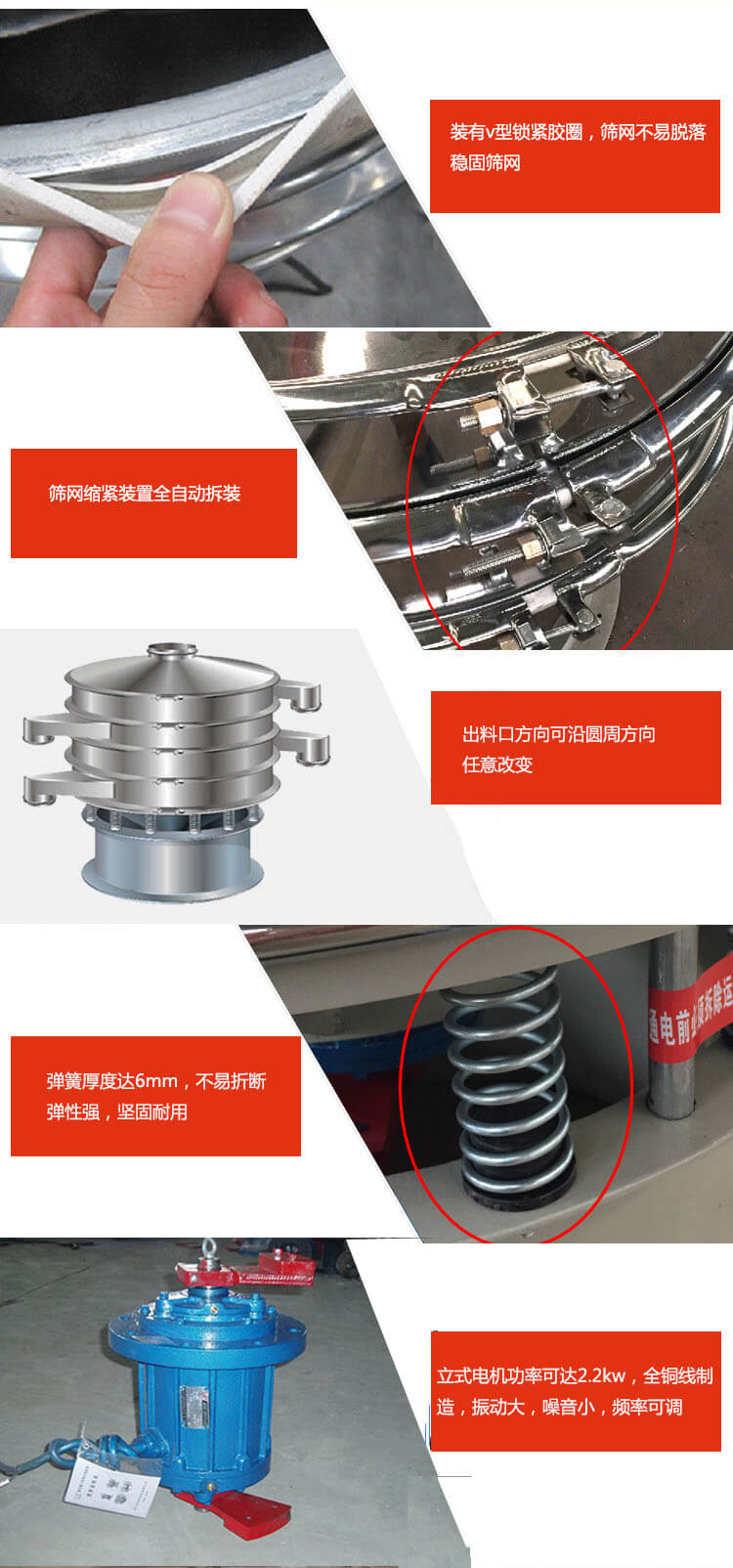 裝有V型鎖緊膠圈，使篩網(wǎng)不易脫落穩(wěn)固篩網(wǎng)，篩網(wǎng)鎖緊裝置，全自動拆裝，出料口方向可沿圓周方向任意改變。彈簧厚度達(dá)6mm，不易折斷，彈性強(qiáng)，堅固耐用。專業(yè)的振動電機(jī)，全銅線制造，振動大，機(jī)械噪音小，頻率可調(diào)。產(chǎn)品對比:材質(zhì)：大漢振動篩廠家采用304不銹鋼材質(zhì)耐腐蝕性，耐熱性強(qiáng)。個別廠家采用其它金屬材質(zhì)，耐腐蝕性，耐熱性差蒸發(fā)緩慢，烘干效率較低。大漢振動篩廠家采用金屬編織網(wǎng)，篩分精度高，效率高，篩網(wǎng)利用率高。