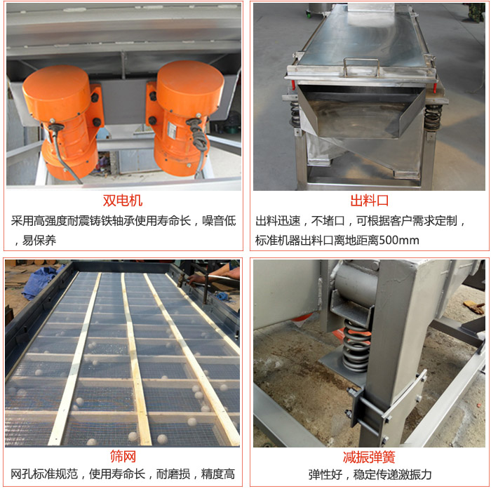 線振動篩配件優(yōu)勢：雙電機(jī)采用高強(qiáng)度耐震鑄鐵軸承使用壽命長，噪音低，易保養(yǎng)，出料口：出料迅速，不堵口，可根據(jù)客戶需求定制標(biāo)準(zhǔn)機(jī)器出料口離地距離500mm。篩網(wǎng)：網(wǎng)孔標(biāo)準(zhǔn)規(guī)范，使用壽命長，耐磨損，精度高。減震彈簧彈性好，穩(wěn)定傳遞激振力。