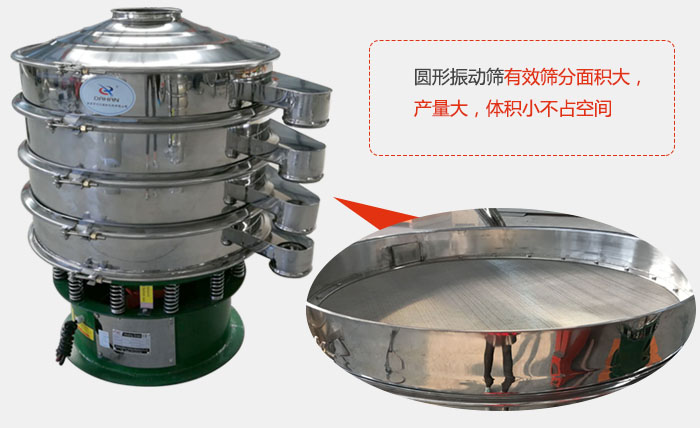 圓形振動篩有效篩分面積大，產量大，體積小不占空間。