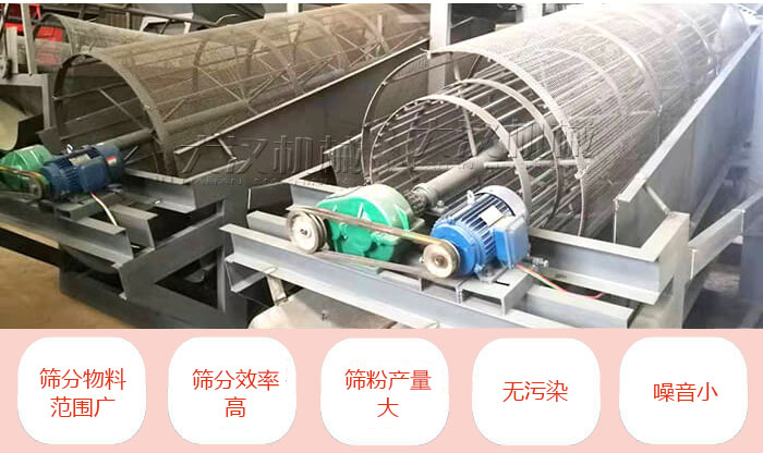 滾筒篩分機主要特點：篩分物料范圍廣，篩分效率高，篩分產量大，無污染，噪音小。