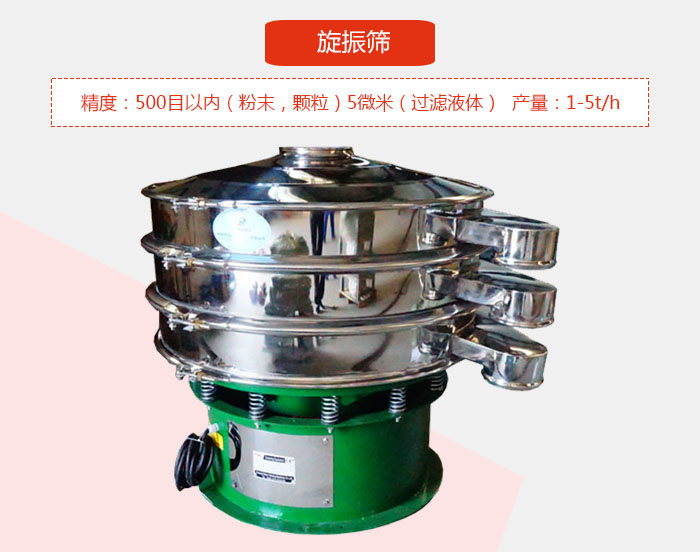 旋振篩精度：500目以內(nèi)（粉末，顆粒）5微米（過濾液體）產(chǎn)量：1-5t/h