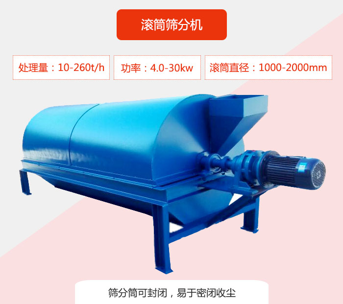 滾筒篩分機：處理能力：10-260t/h  功率：4.0-30kw 滾筒直徑：1000-2000mm 篩分筒可封閉，易于密閉收塵