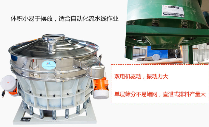 雙電機(jī)驅(qū)動(dòng)，振動(dòng)力大，單層篩分不易堵網(wǎng)，直泄式排料產(chǎn)量大