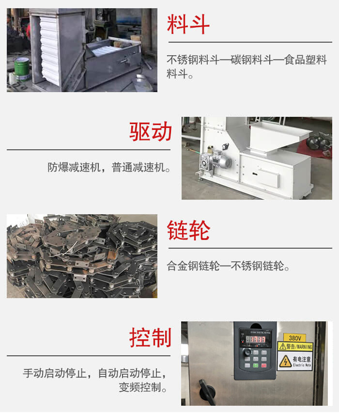 z型斗式提升機(jī)料斗：不銹鋼料斗-碳鋼料斗-食品塑料料斗。驅(qū)動裝置采用的式防爆減速機(jī)，普通減速機(jī)兩種。鏈輪采用合金鏈輪-不銹鋼鏈輪控制器：手動啟動/停止，以及自動啟動停止。