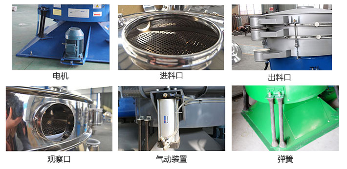 搖擺篩分機(jī)由進(jìn)料口，出料口，觀察口，電機(jī)，彈簧，氣動(dòng)裝置等部件組成