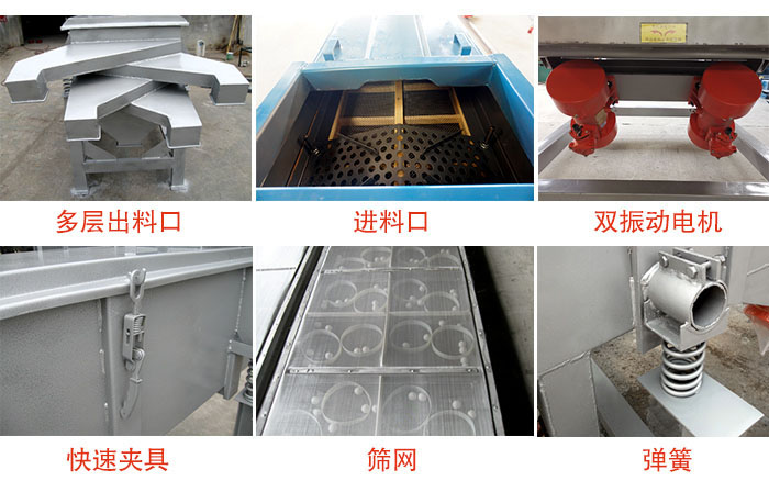 多層直線(xiàn)振動(dòng)篩出料口，篩網(wǎng)，彈簧，快速夾具，振動(dòng)電機(jī)等