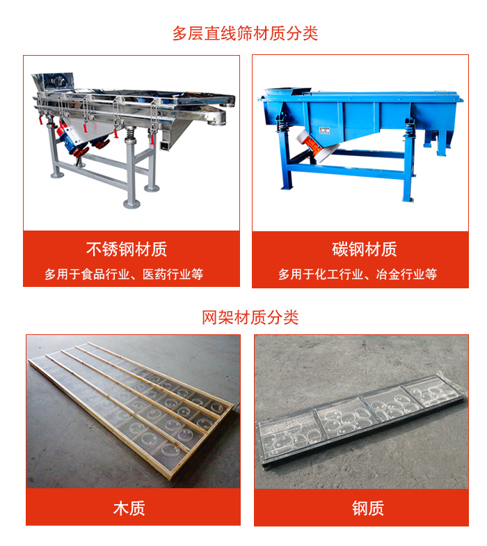 多層直線(xiàn)振動(dòng)篩材質(zhì)有：不銹鋼，碳鋼；網(wǎng)架材質(zhì)有木質(zhì)，鋼質(zhì)等。