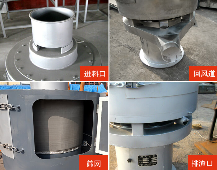 氣流篩分機進料口，回風道，篩網(wǎng)，排渣口。