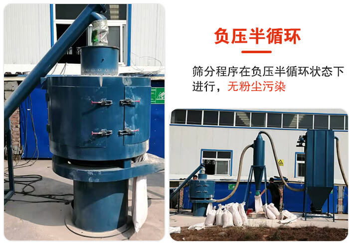 氣流篩負壓半循環(huán)，篩分程序在負壓版循環(huán)狀態(tài)下進行，無粉塵污染。