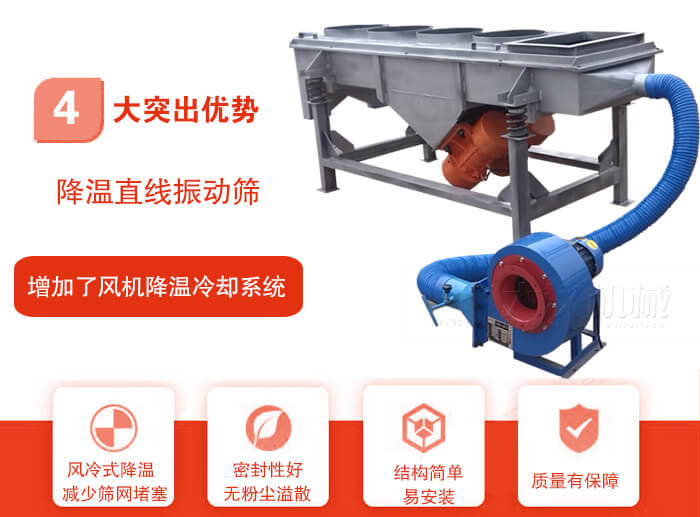 降溫直線振動篩性能特點：1，技術(shù)成熟，質(zhì)量可靠，篩分精度高，處理量大。2，風(fēng)冷式降溫系統(tǒng)設(shè)計，快速有效降溫。3，適用范圍廣，可應(yīng)用于各種需要降溫的物料。4，設(shè)計精巧合理，結(jié)構(gòu)簡單，易安裝，耗能少，噪音低5，篩網(wǎng)使用壽命長，換網(wǎng)更方便，快捷6，設(shè)備整體密封性好，無粉塵溢散。