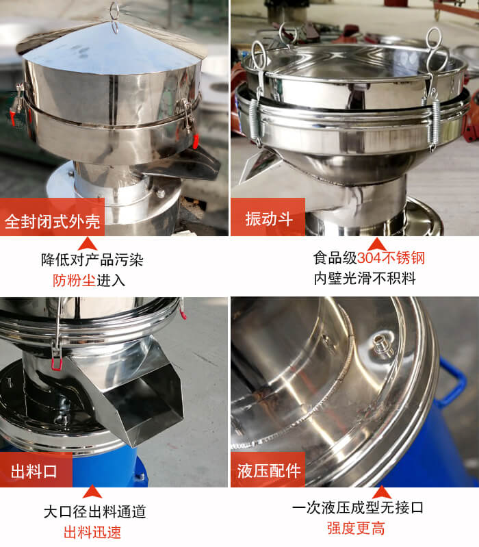 450過濾篩機結(jié)構(gòu)組成：全封閉式外殼設(shè)計：對產(chǎn)品的污染低，防塵粉進入電機內(nèi)部延長設(shè)備壽命。振動斗：食品304不銹鋼篩斗，內(nèi)壁光滑不存在積料現(xiàn)象。出料口，大口徑出料通道，出料迅速，提高工作效率。液壓配件：一次液壓成型無接口強度更高。