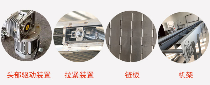 鏈板輸送機(jī)結(jié)構(gòu)：頭部驅(qū)動(dòng)裝置，拉緊裝置，鏈板，機(jī)架等圖片展示