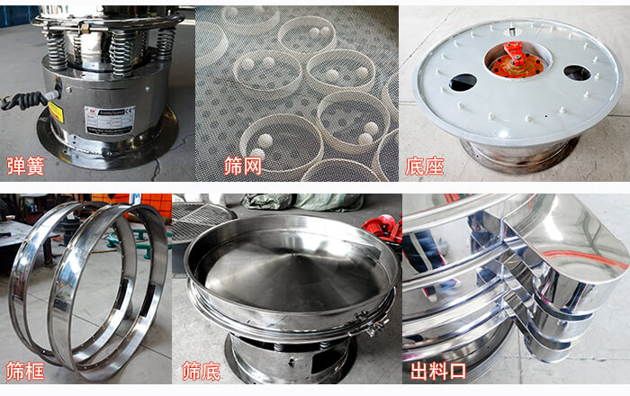 細(xì)節(jié)展示：篩框，篩網(wǎng)，振動(dòng)底座，振動(dòng)體，出料口。