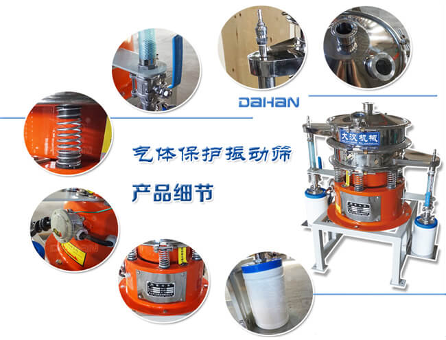 氣體保護振動篩細節(jié)：振動彈簧，手動閥門，料罐等。